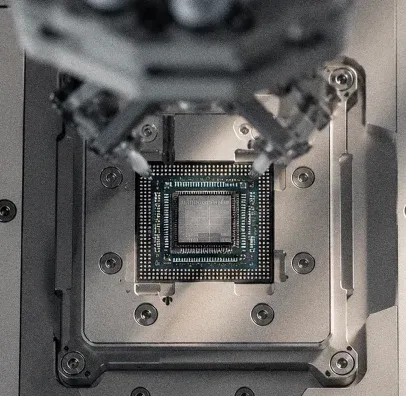Robotergreifer über einem Computerchip in einer Testfassung.