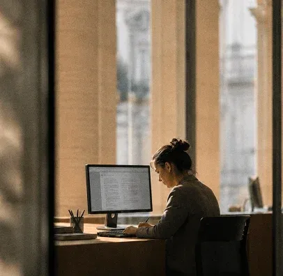 Person arbeitet in einem Büro mit hohen Fenstern am Computer.