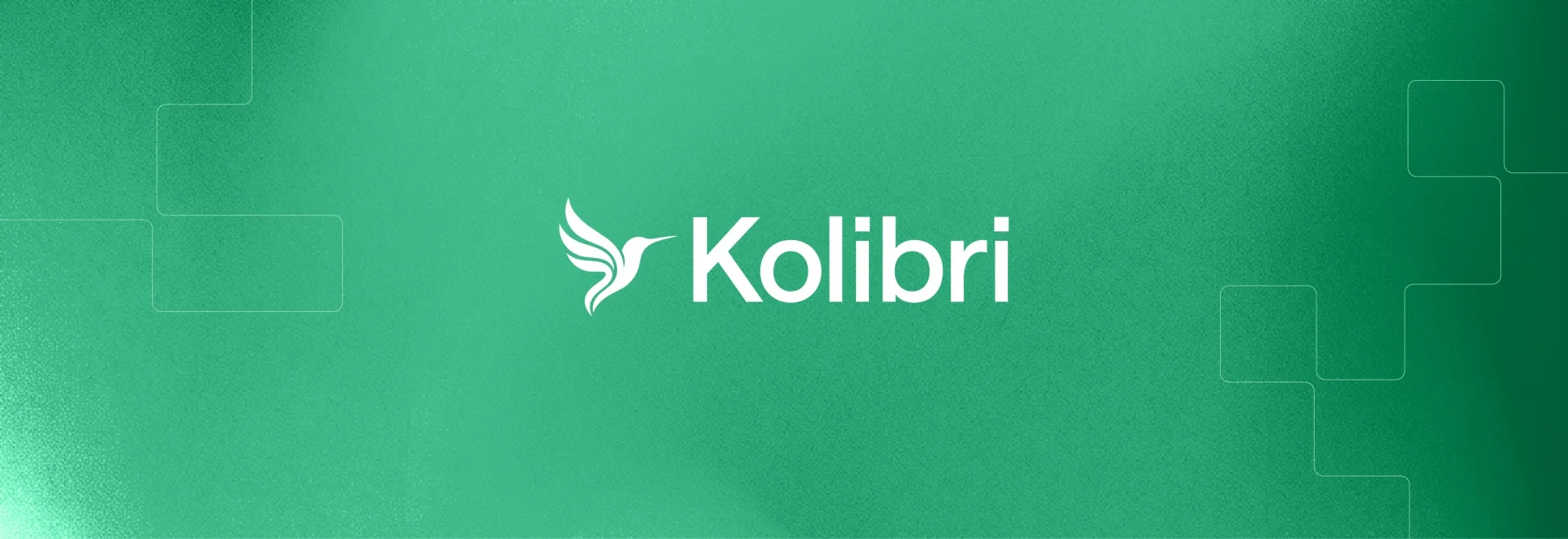 Grüner Farbverlauf mit dem weißen Kolibri-Logo und Schriftzug in der Mitte, links und rechts von dünnen, gestuften Linien eingerahmt