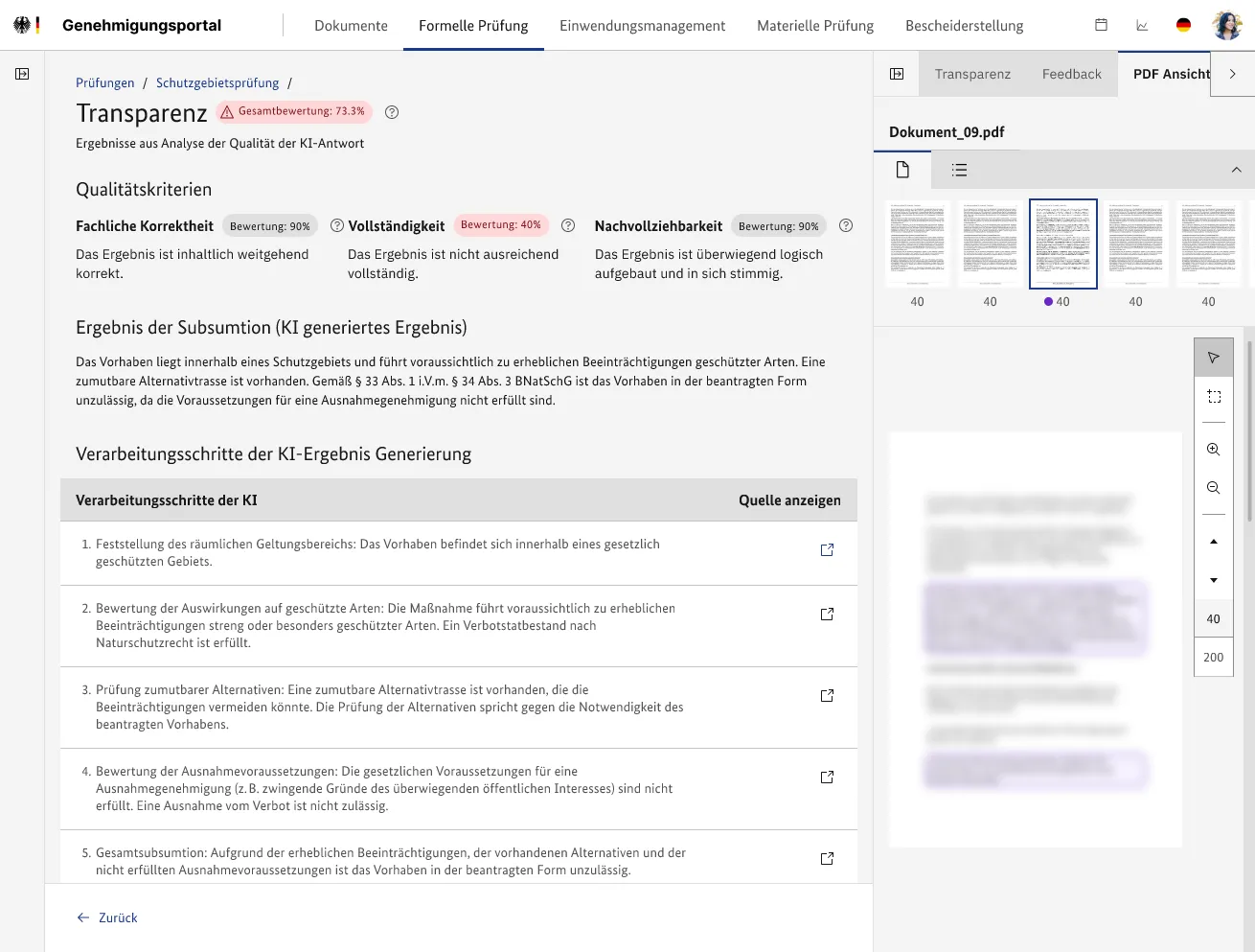 Screenshot der SPARK-Anwendung mit Vertrauenswert und nachvollziehbaren Quellenverweisen zu einer KI-Antwort